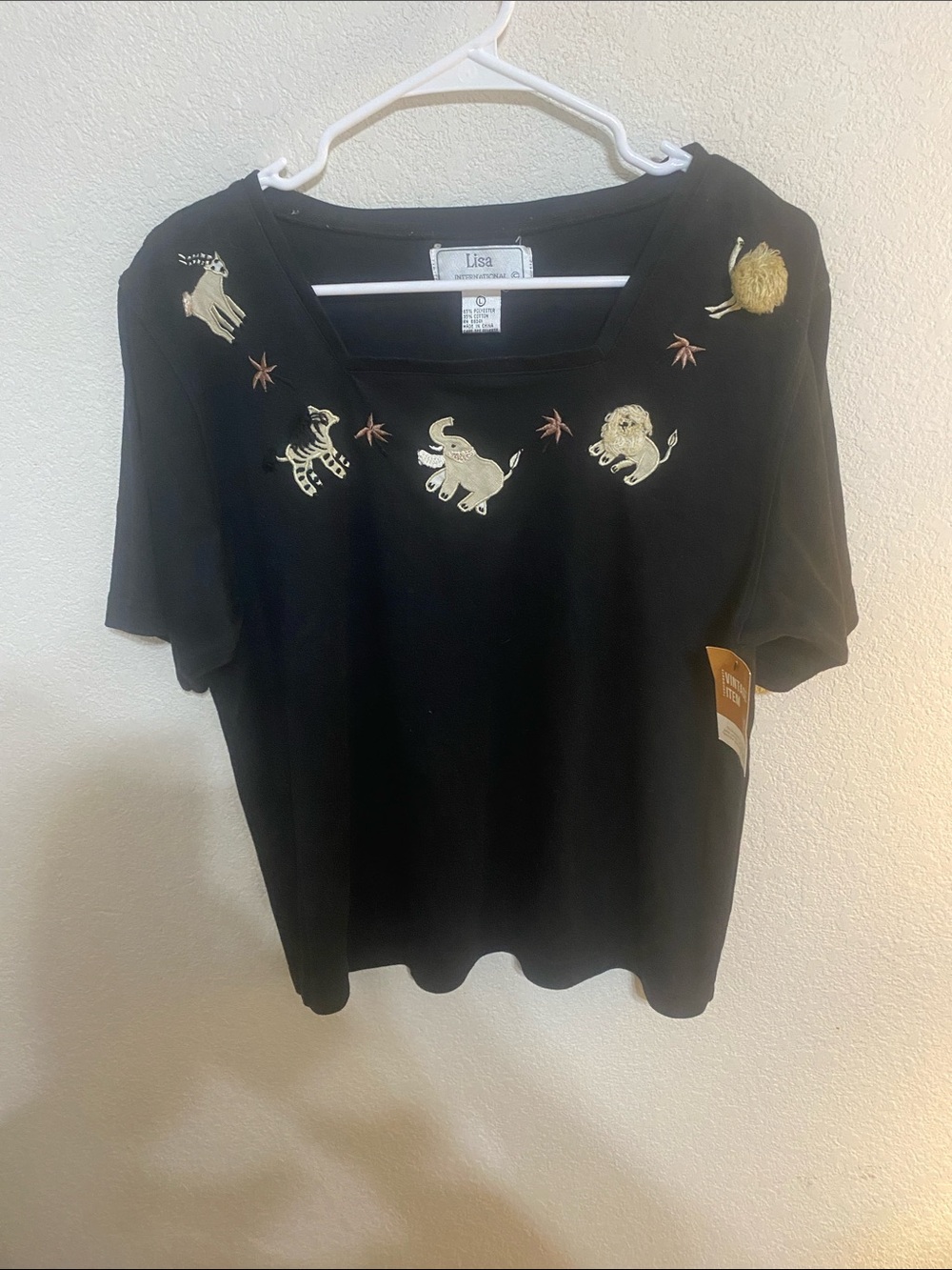 Lisa International Black Tee with Gold & Cream Embroidery